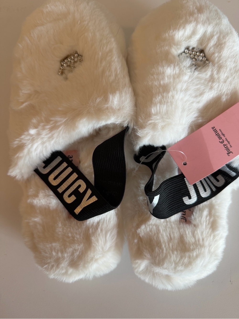Juicy Couture White Faux Fur Slides with Black Logo Strap and Rhinestones